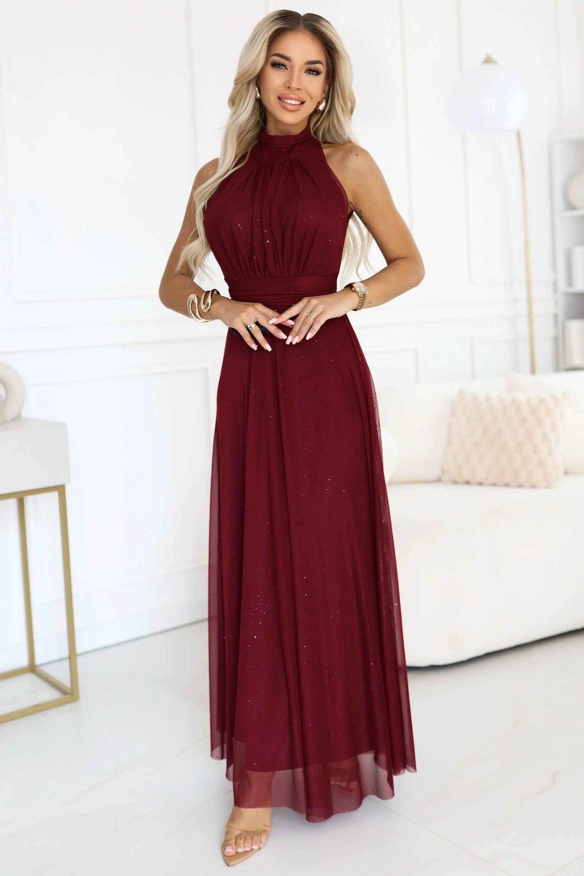 636-1 VERONICA Rochie lungă luxoasă cu accent de brocart și o croială elegantă - vișinie