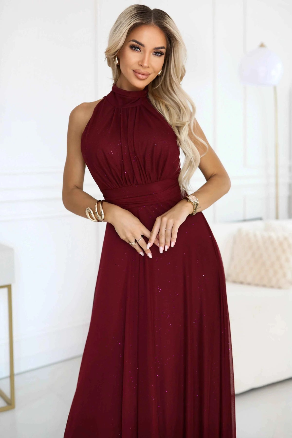 636-1 VERONICA Rochie lungă luxoasă cu accent de brocart și o croială elegantă - vișinie