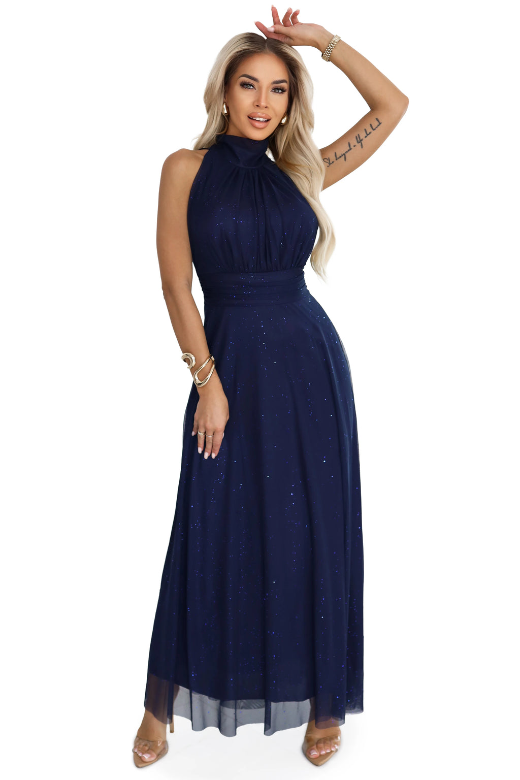 636-2 VERONICA Rochie lungă luxoasă cu accent de brocart și o croială elegantă - bleumarin