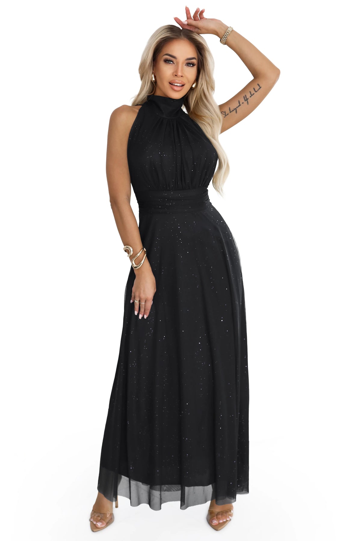 636-3 VERONICA Rochie lungă luxoasă cu accent de brocart și o croială elegantă - neagră
