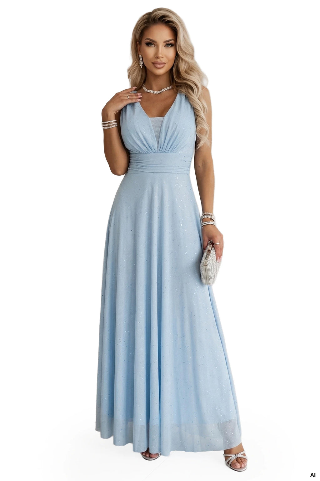 637-6 Rochie lungă de seară cu accent brocat și decolteu adânc - albastru deschis
