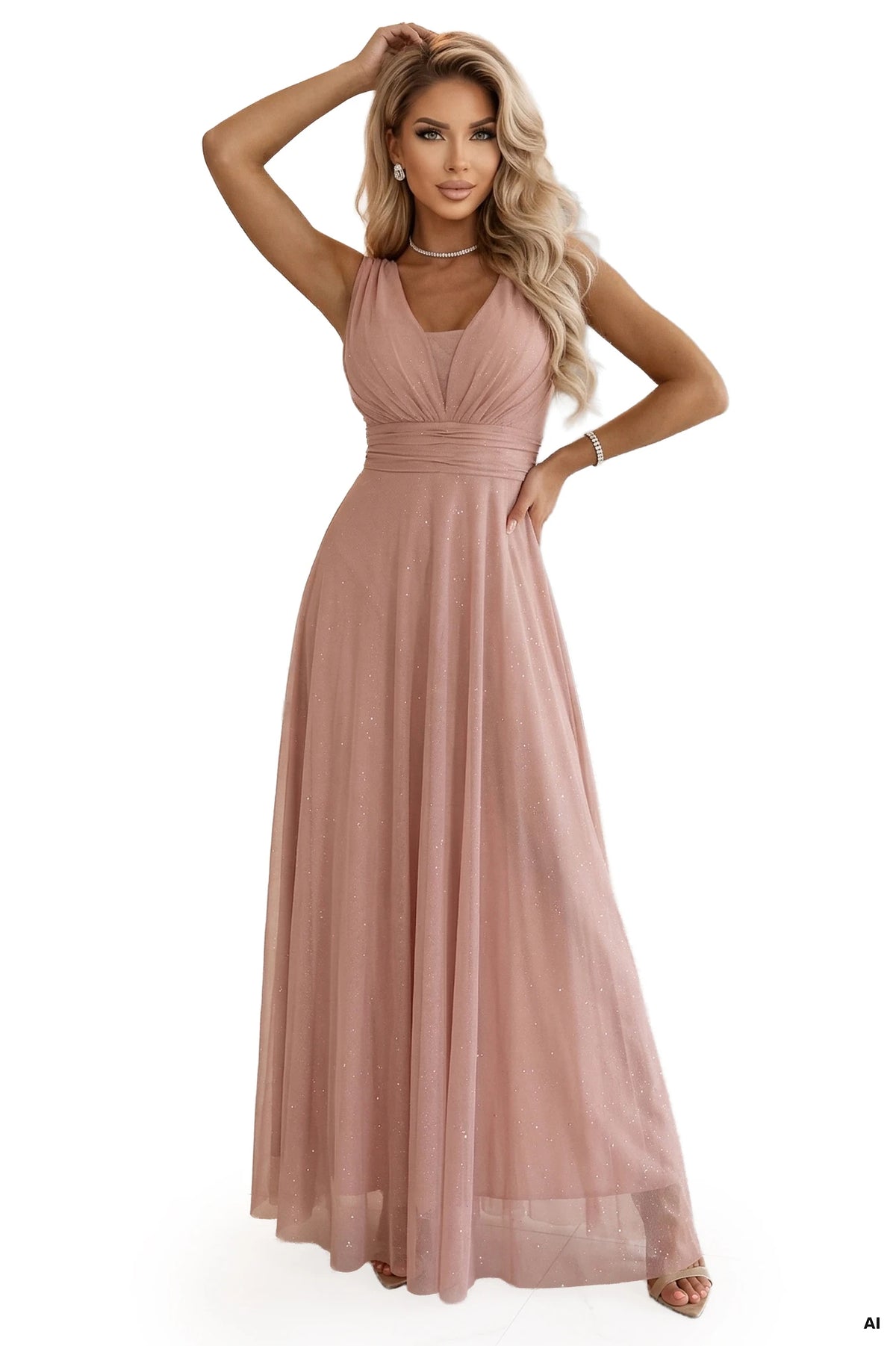 637-7 Rochie maxi lungă cu accent brocat și decolteu adânc - roz pudră