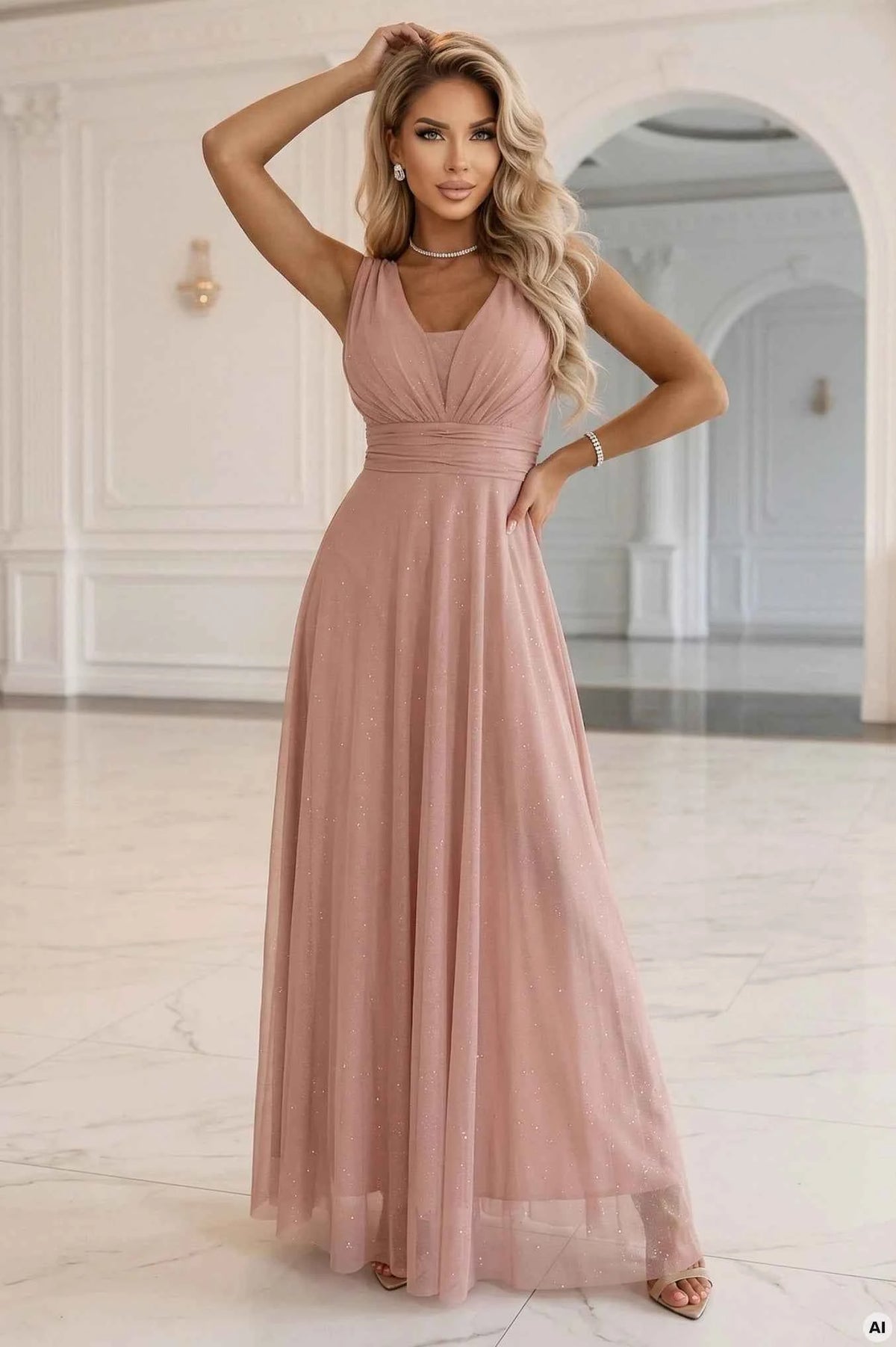 637-7 Rochie maxi lungă cu accent brocat și decolteu adânc - roz pudră