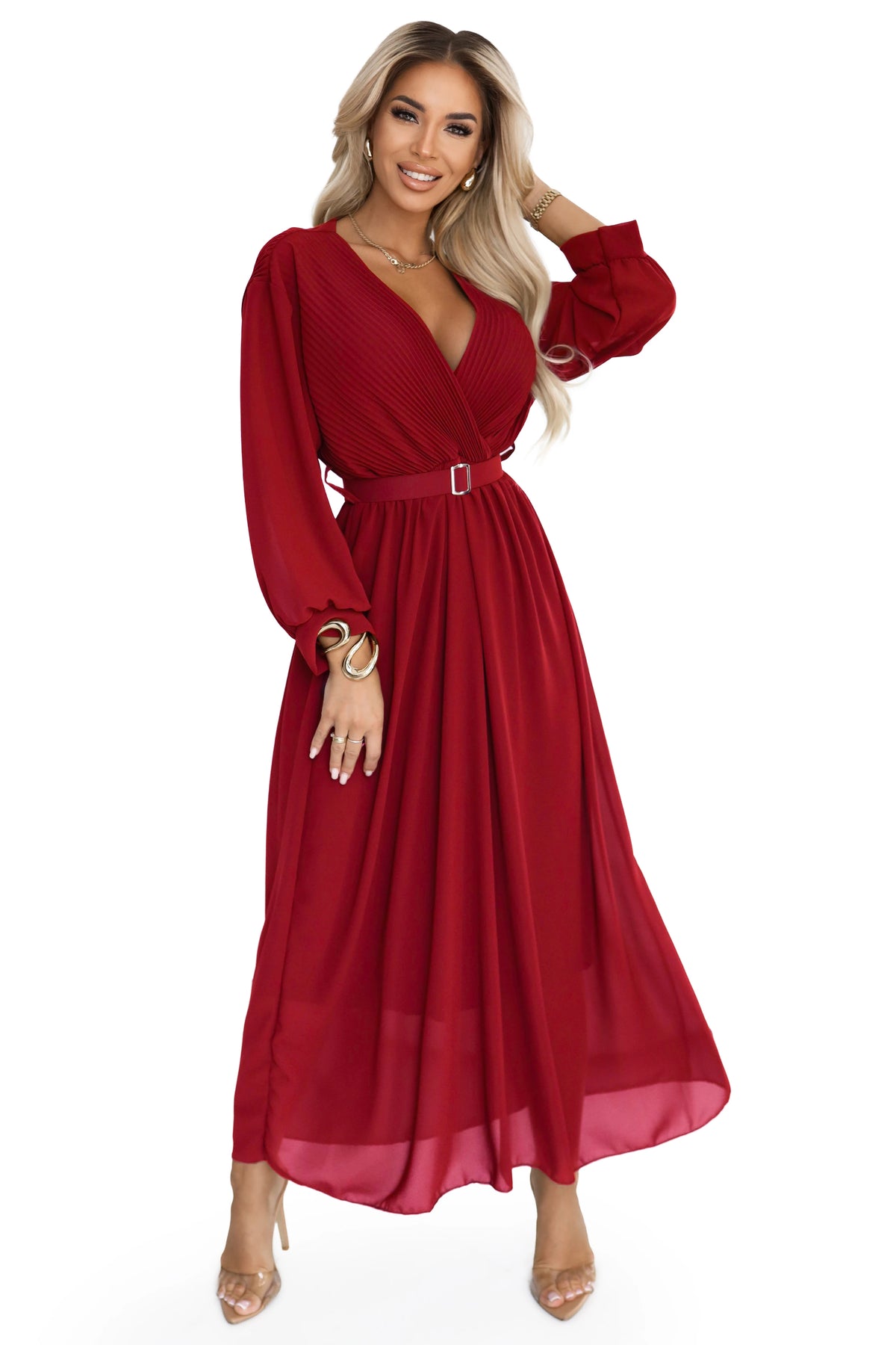 639-1 Rochie maxi elegantă, plisată, cu curea și decolteu înfășurat - vișiniu