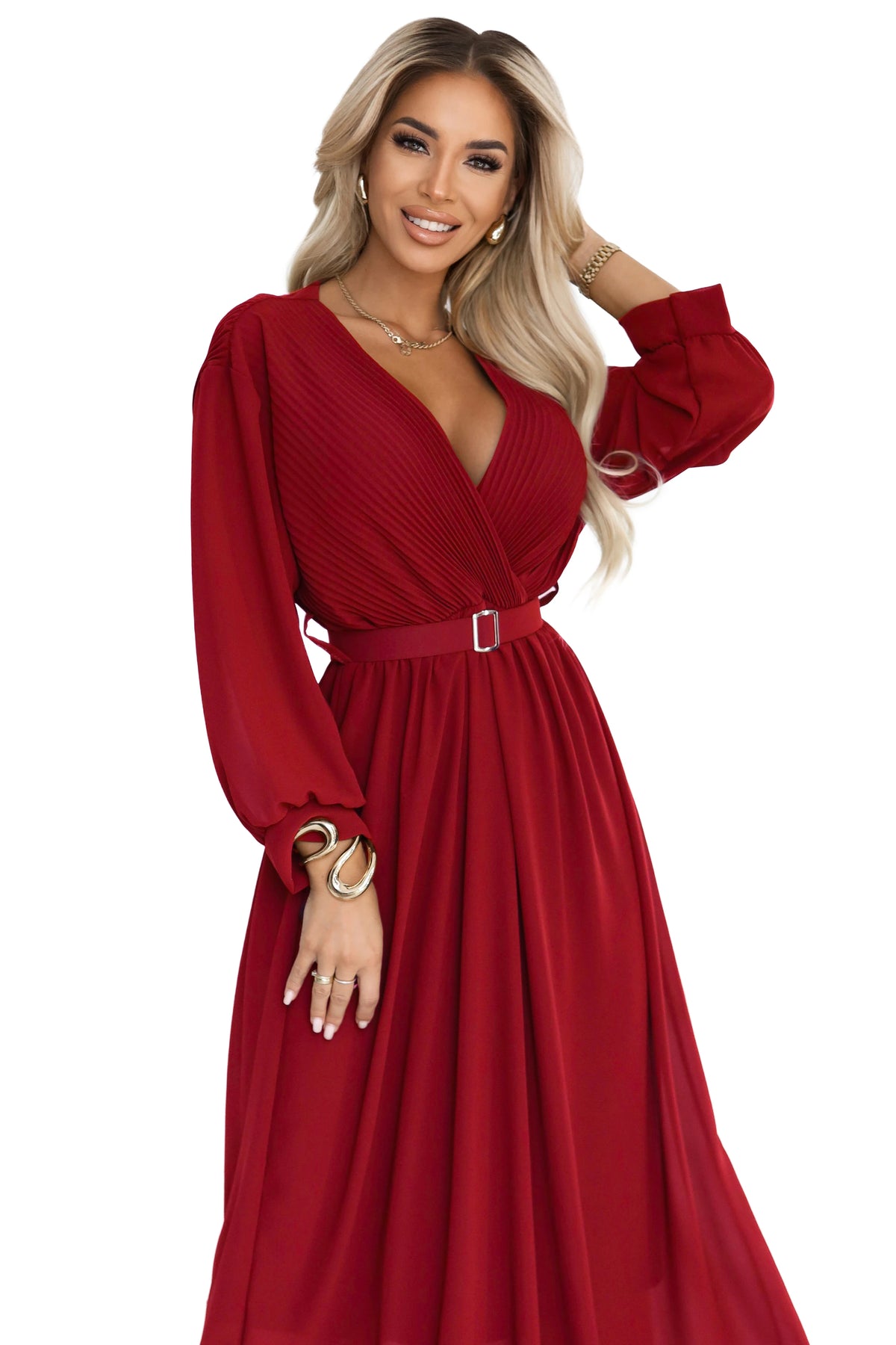 639-1 Rochie maxi elegantă, plisată, cu curea și decolteu înfășurat - vișiniu