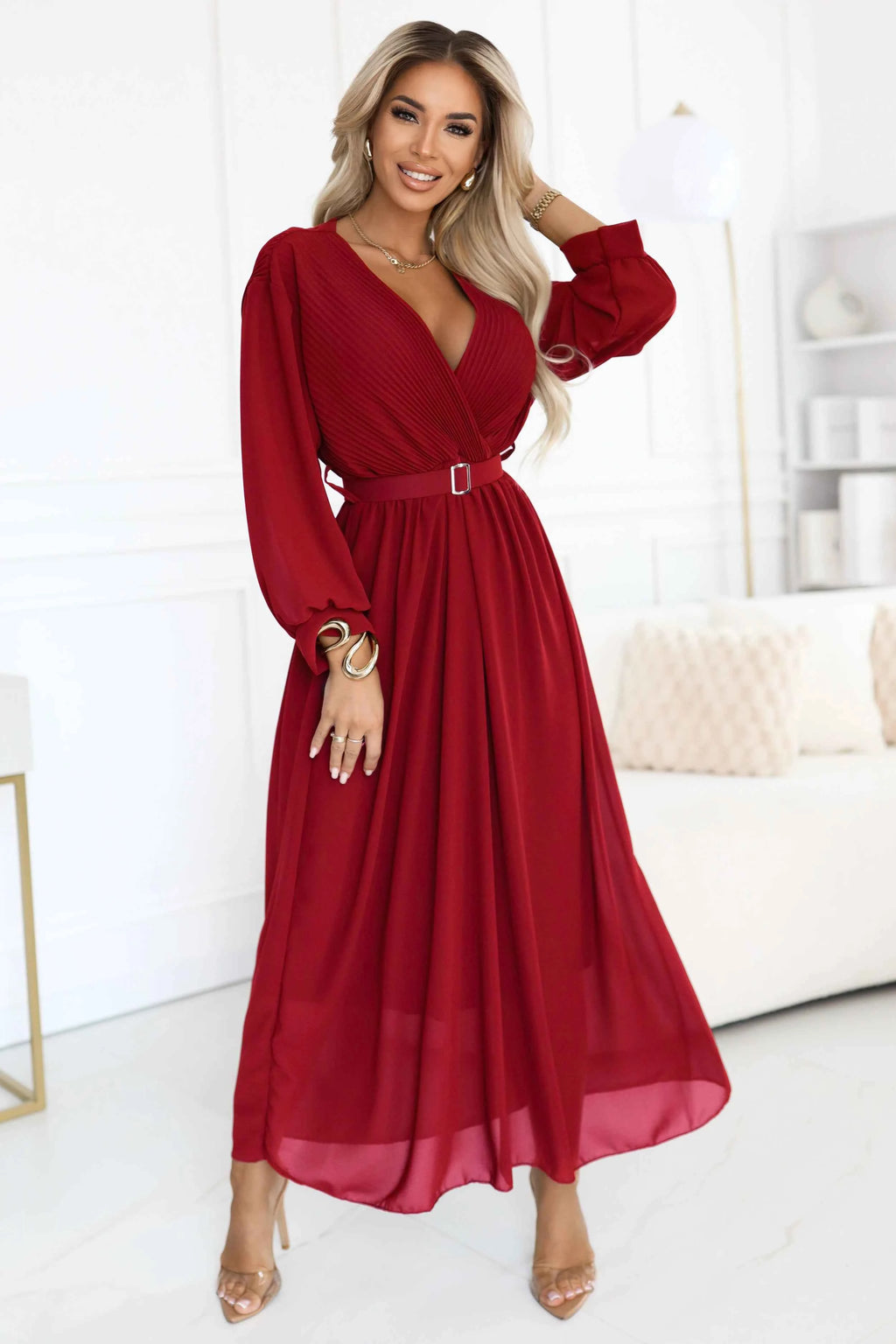 639-1 Rochie maxi elegantă, plisată, cu curea și decolteu înfășurat - vișiniu