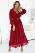 639-1 Rochie maxi elegantă, plisată, cu curea și decolteu înfășurat - vișiniu