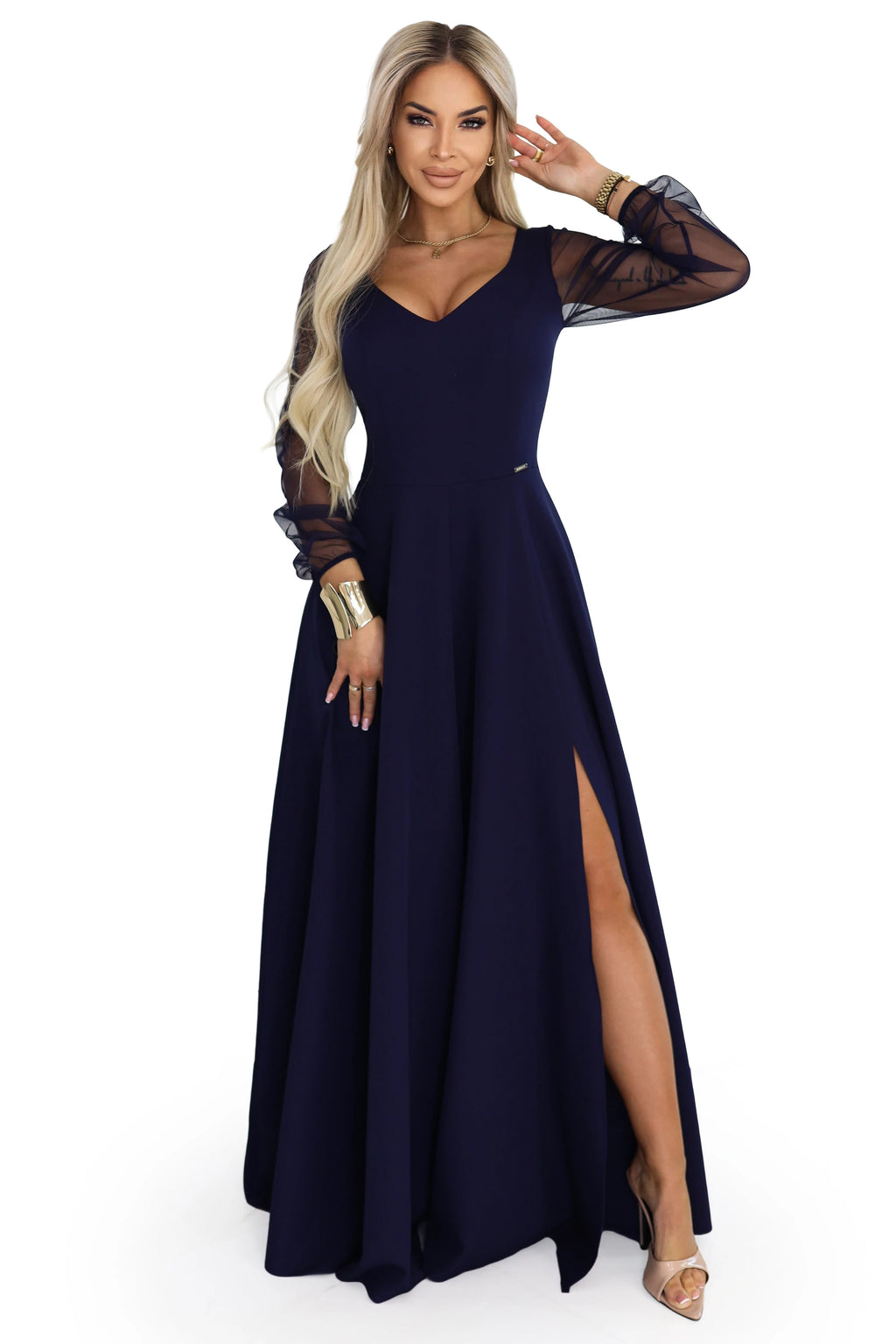 640-3 LORETTA rochie lunga unica cu maneci si decolteu din tul - bleumarin