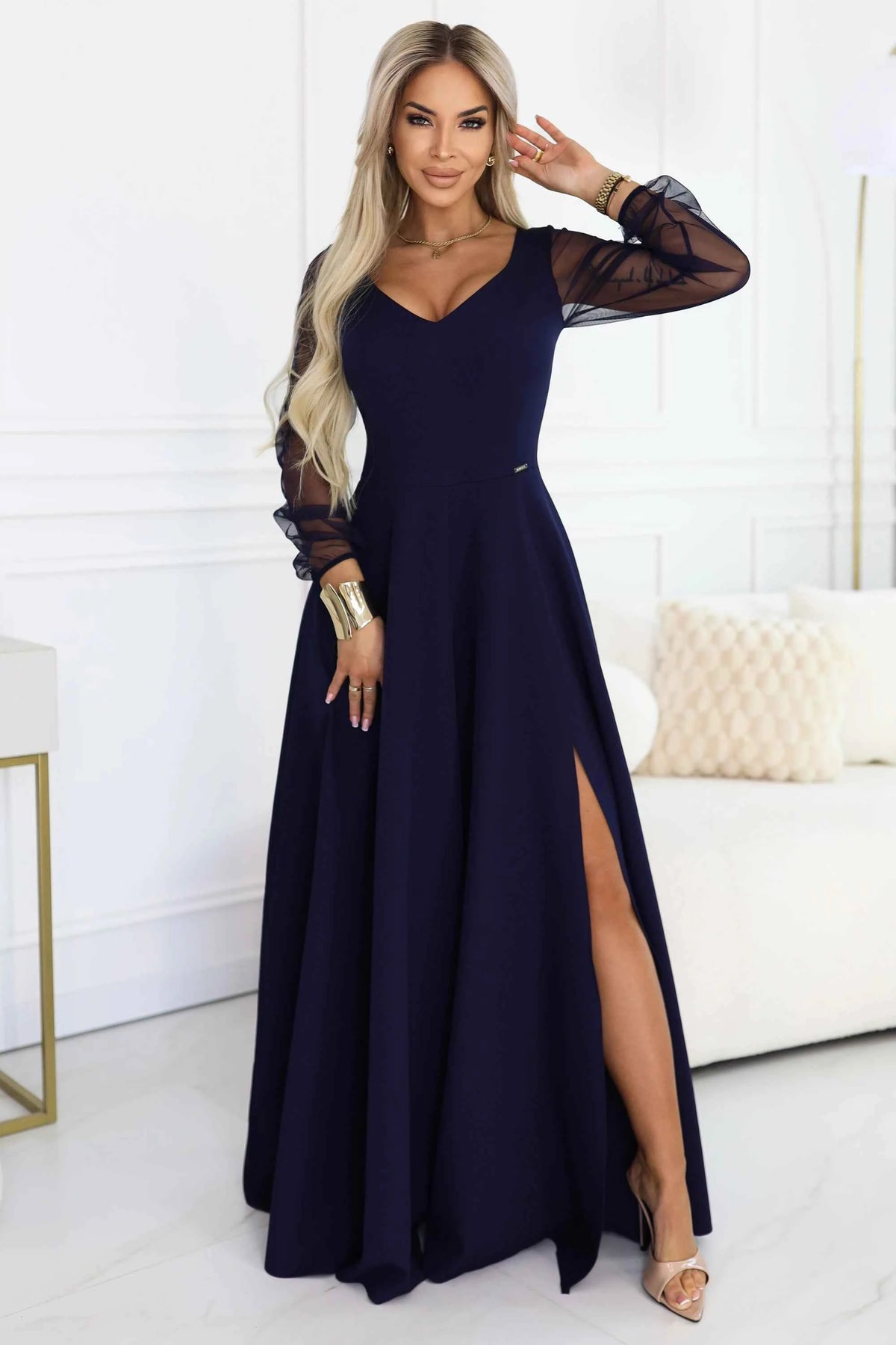 640-3 LORETTA rochie lunga unica cu maneci si decolteu din tul - bleumarin