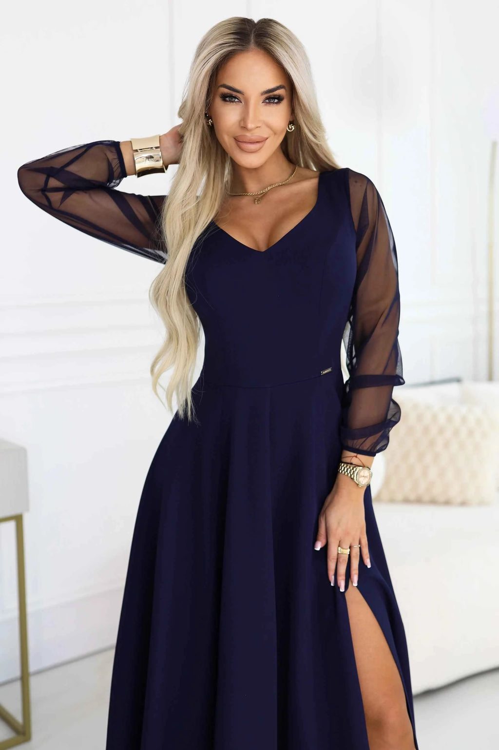640-3 LORETTA rochie lunga unica cu maneci si decolteu din tul - bleumarin