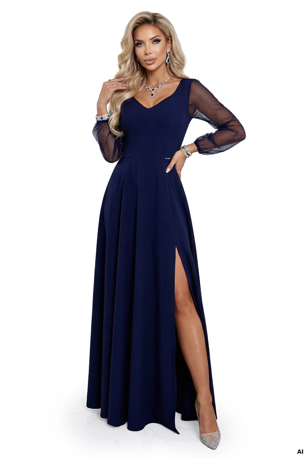 640-3 LORETTA rochie lunga unica cu maneci si decolteu din tul - bleumarin