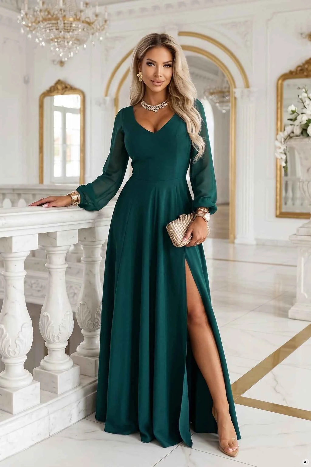 640-6 LORETTA Rochie lungă deosebită cu mâneci din tul și decolteu - verde