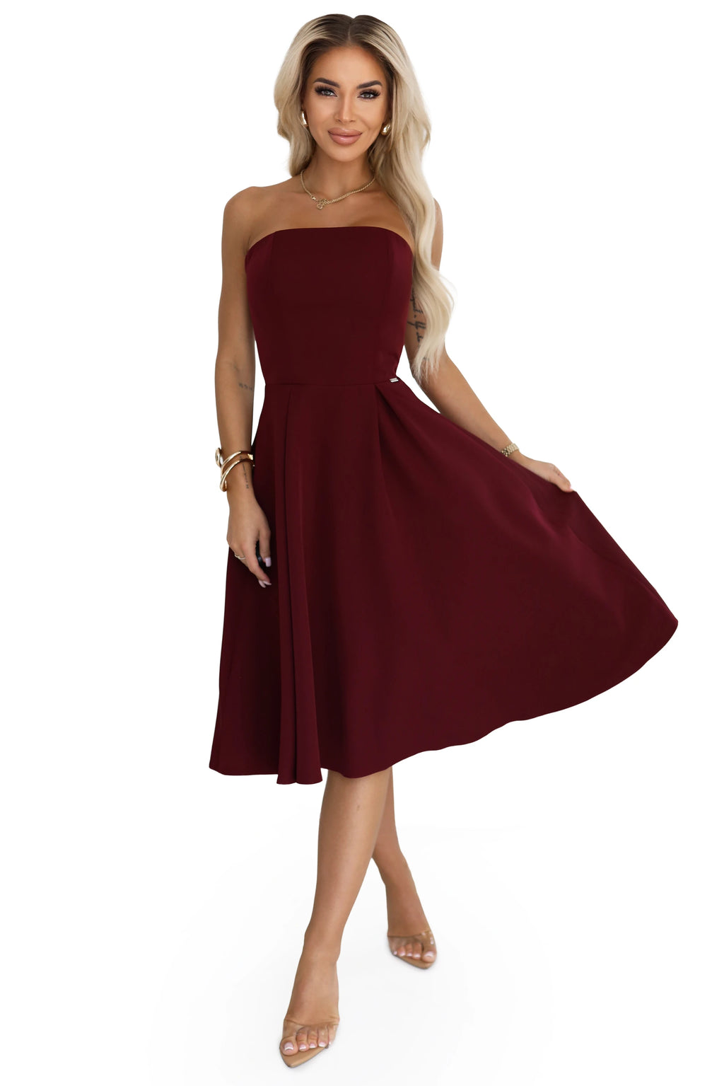 641-1 VIVIENNE Rochie midi evazată cu corset pentru ocazii speciale - vișinie