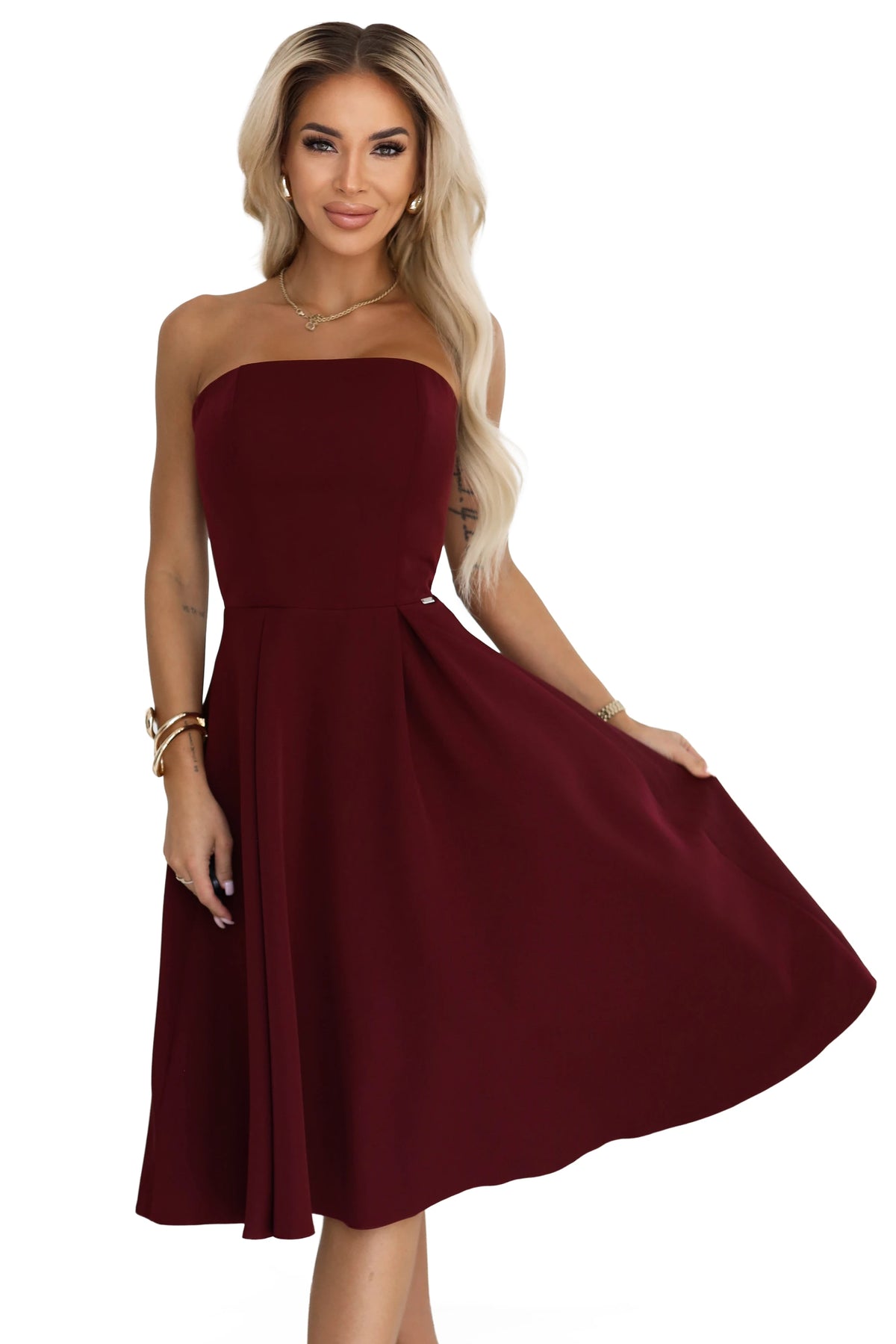641-1 VIVIENNE Rochie midi evazată cu corset pentru ocazii speciale - vișinie