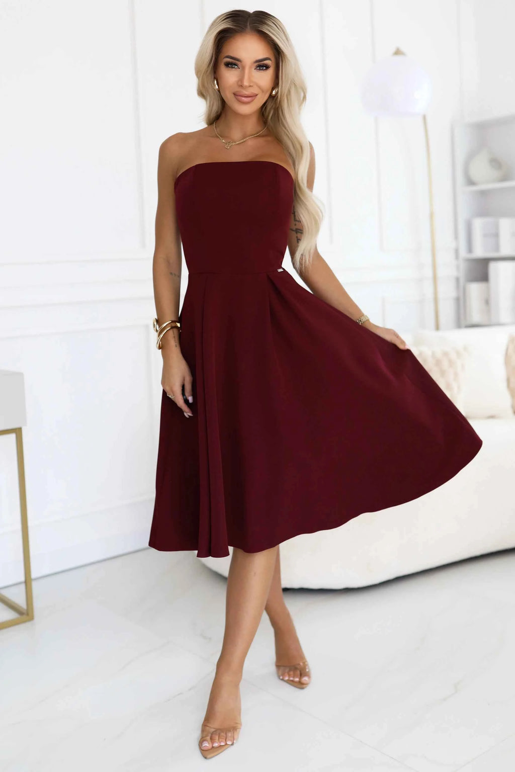 641-1 VIVIENNE Rochie midi evazată cu corset pentru ocazii speciale - vișinie
