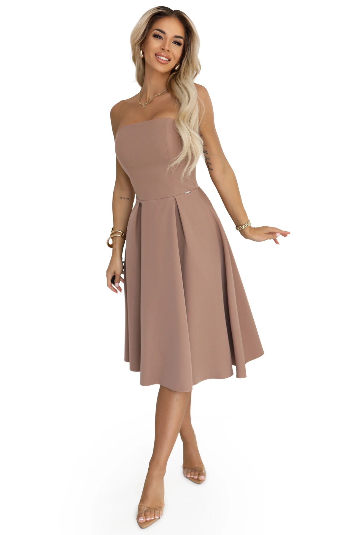 641-2 VIVIENNE Rochie midi evazată cu corset pentru ocazii speciale - bej