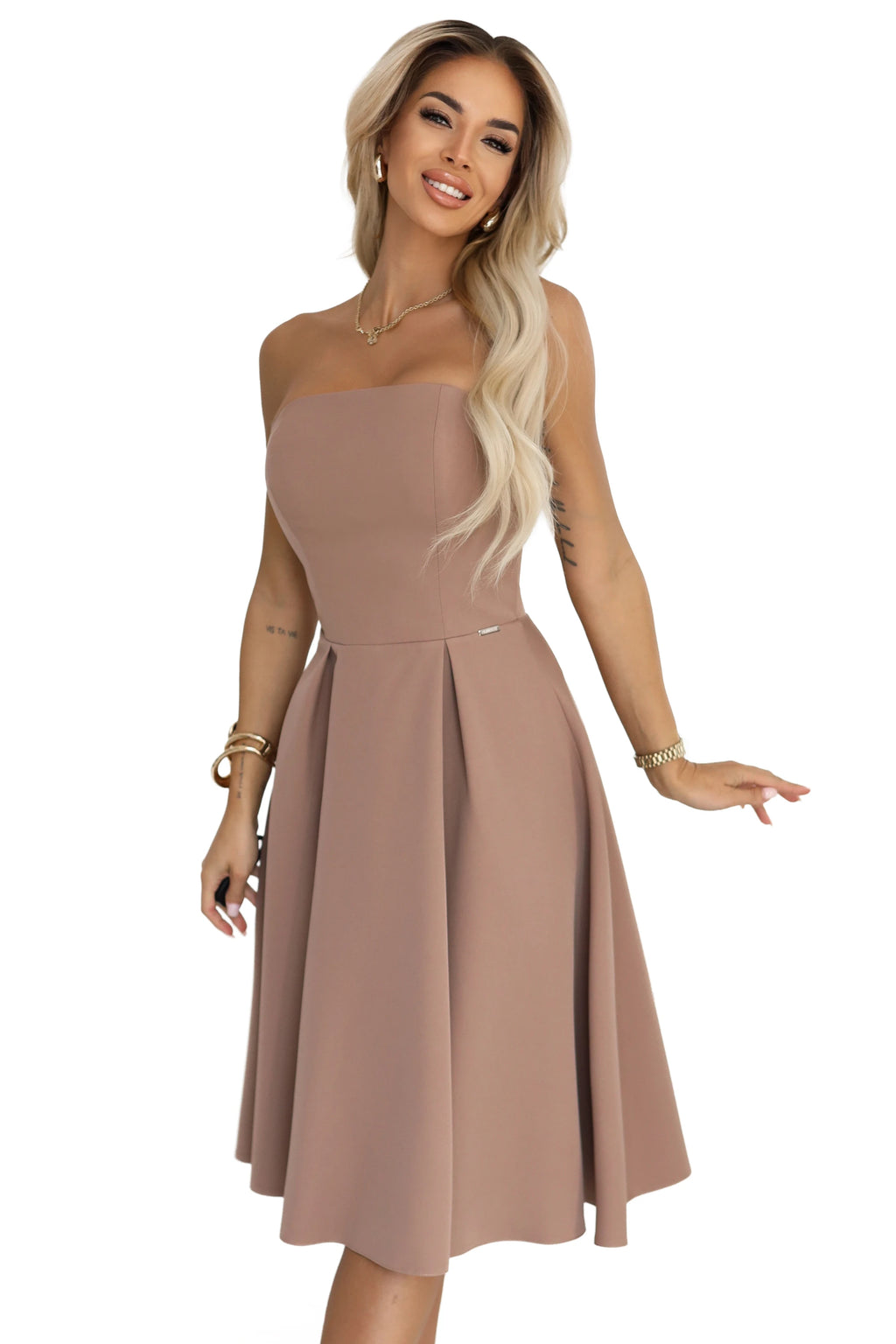 641-2 VIVIENNE Rochie midi evazată cu corset pentru ocazii speciale - bej