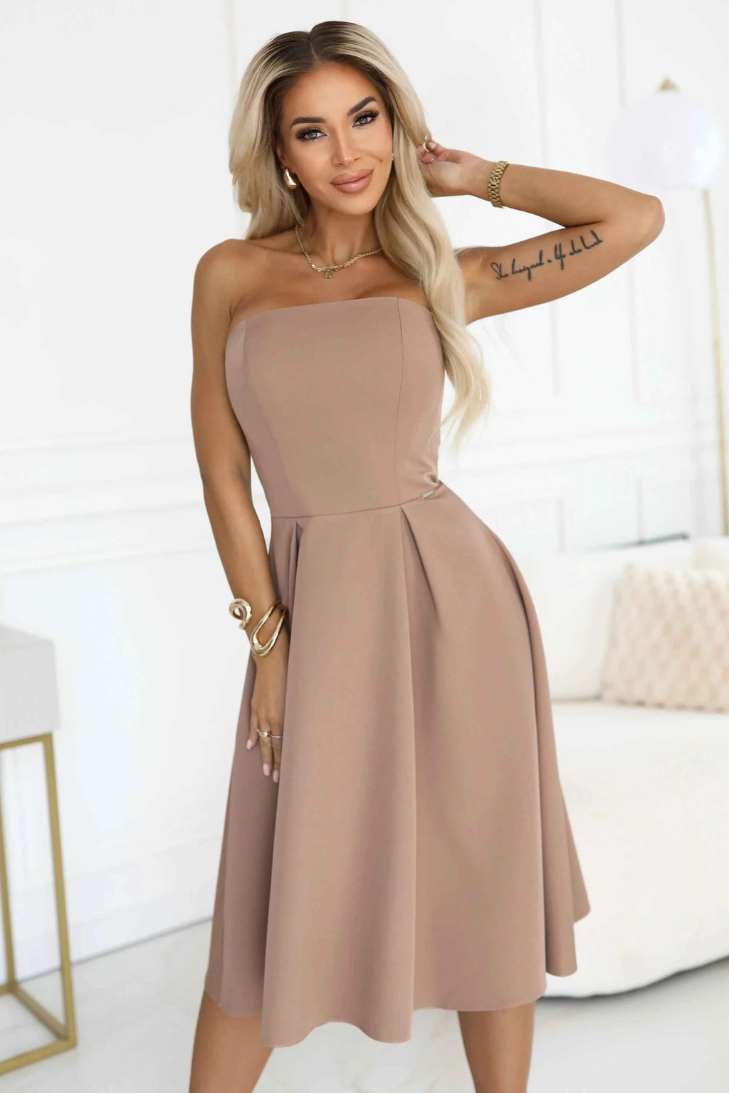 641-2 VIVIENNE Rochie midi evazată cu corset pentru ocazii speciale - bej