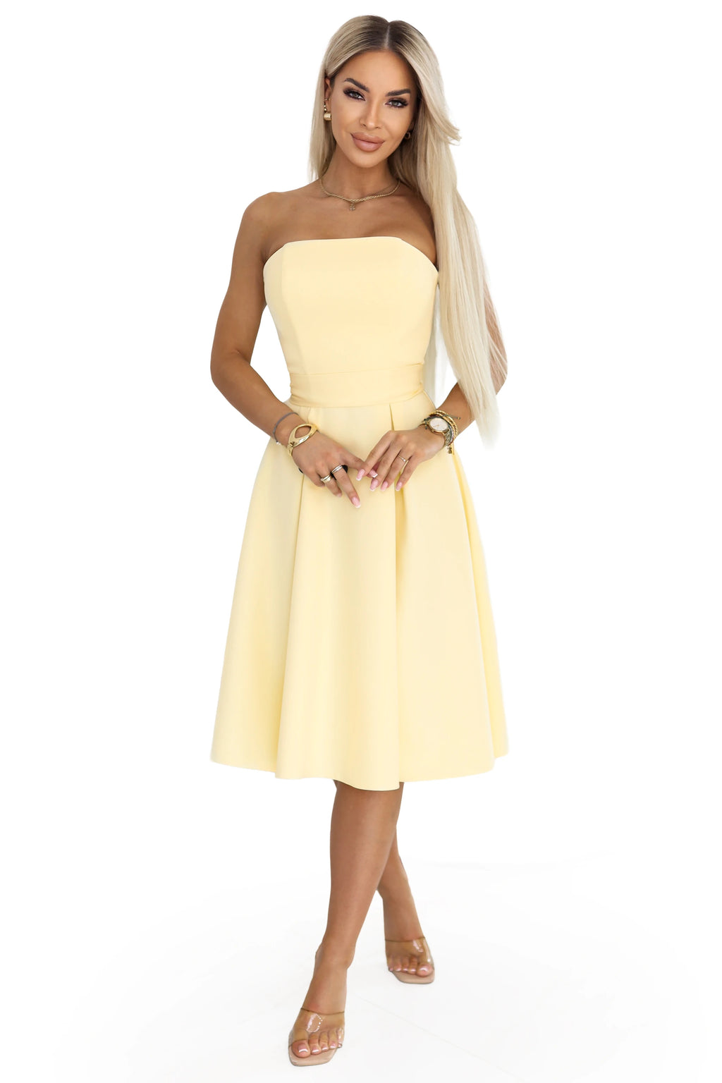 641-3 VIVIENNE Rochie midi în cloș cu corset și curea - galben pastel