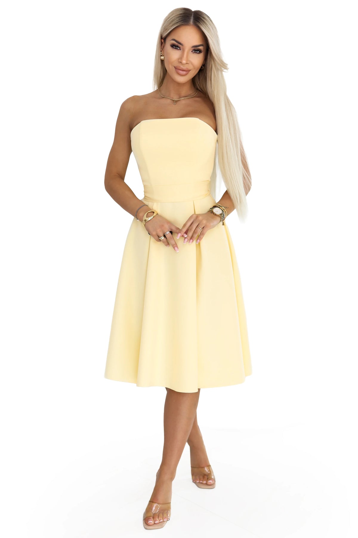 641-3 VIVIENNE Rochie midi în cloș cu corset și curea - galben pastel