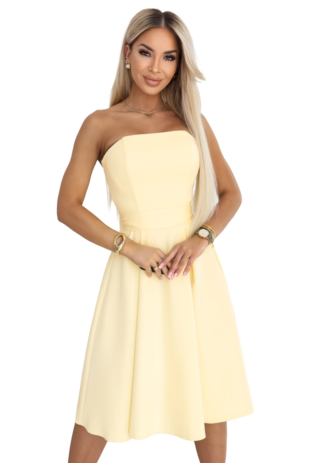 641-3 VIVIENNE Rochie midi în cloș cu corset și curea - galben pastel