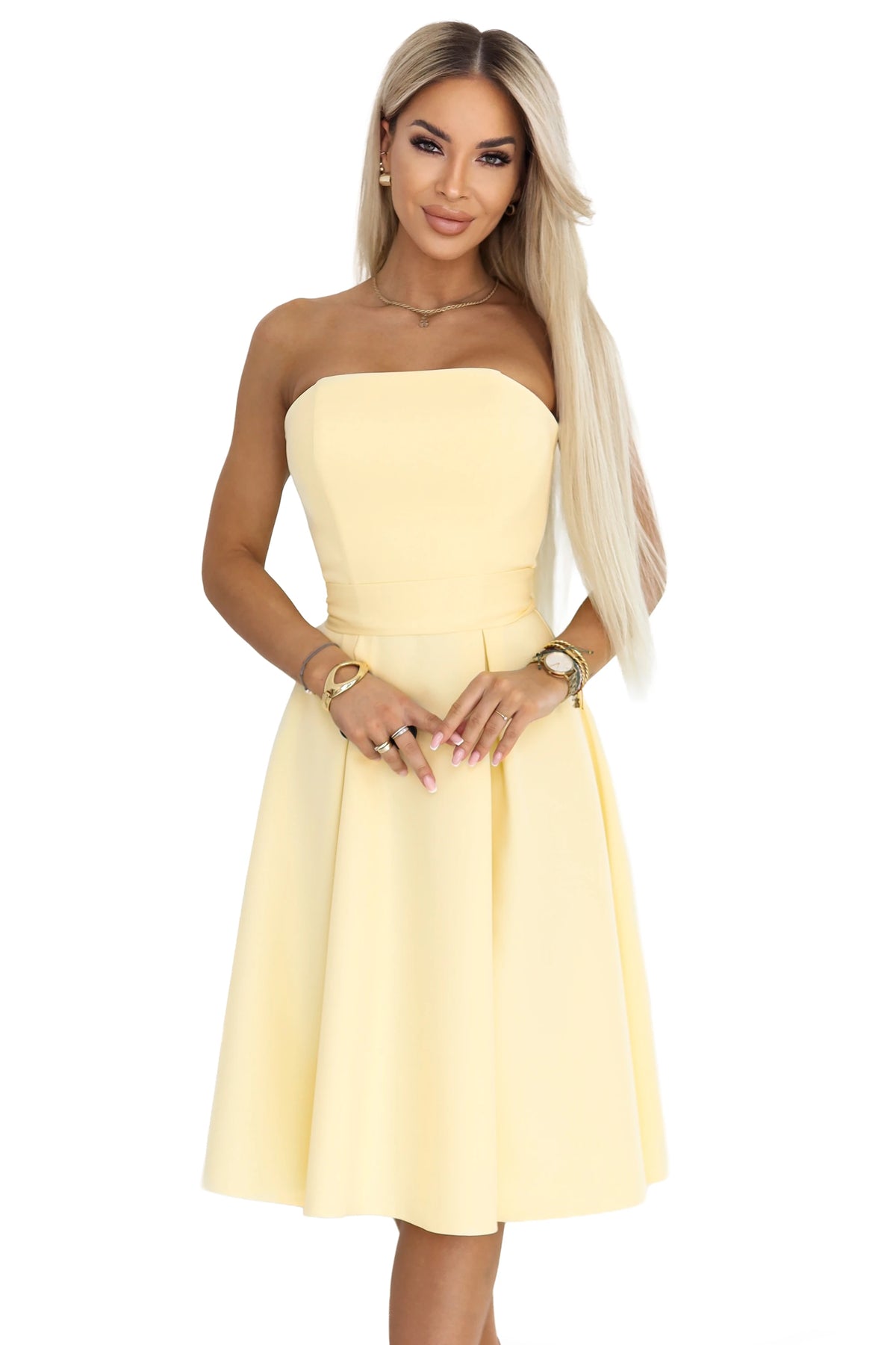 641-3 VIVIENNE Rochie midi în cloș cu corset și curea - galben pastel
