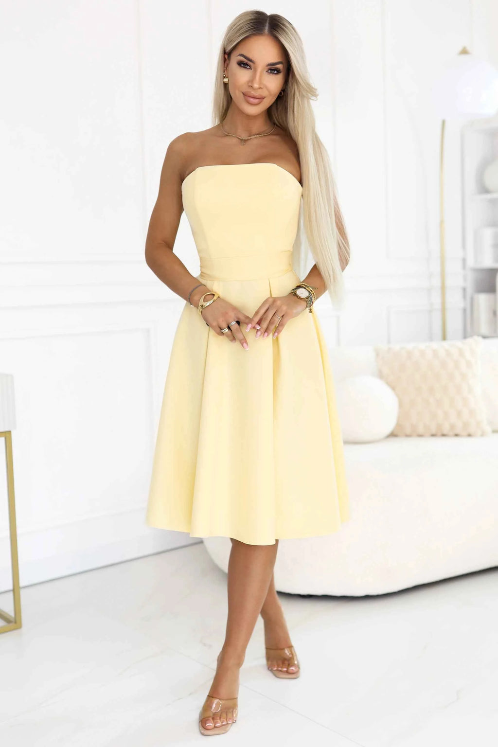 641-3 VIVIENNE Rochie midi în cloș cu corset și curea - galben pastel