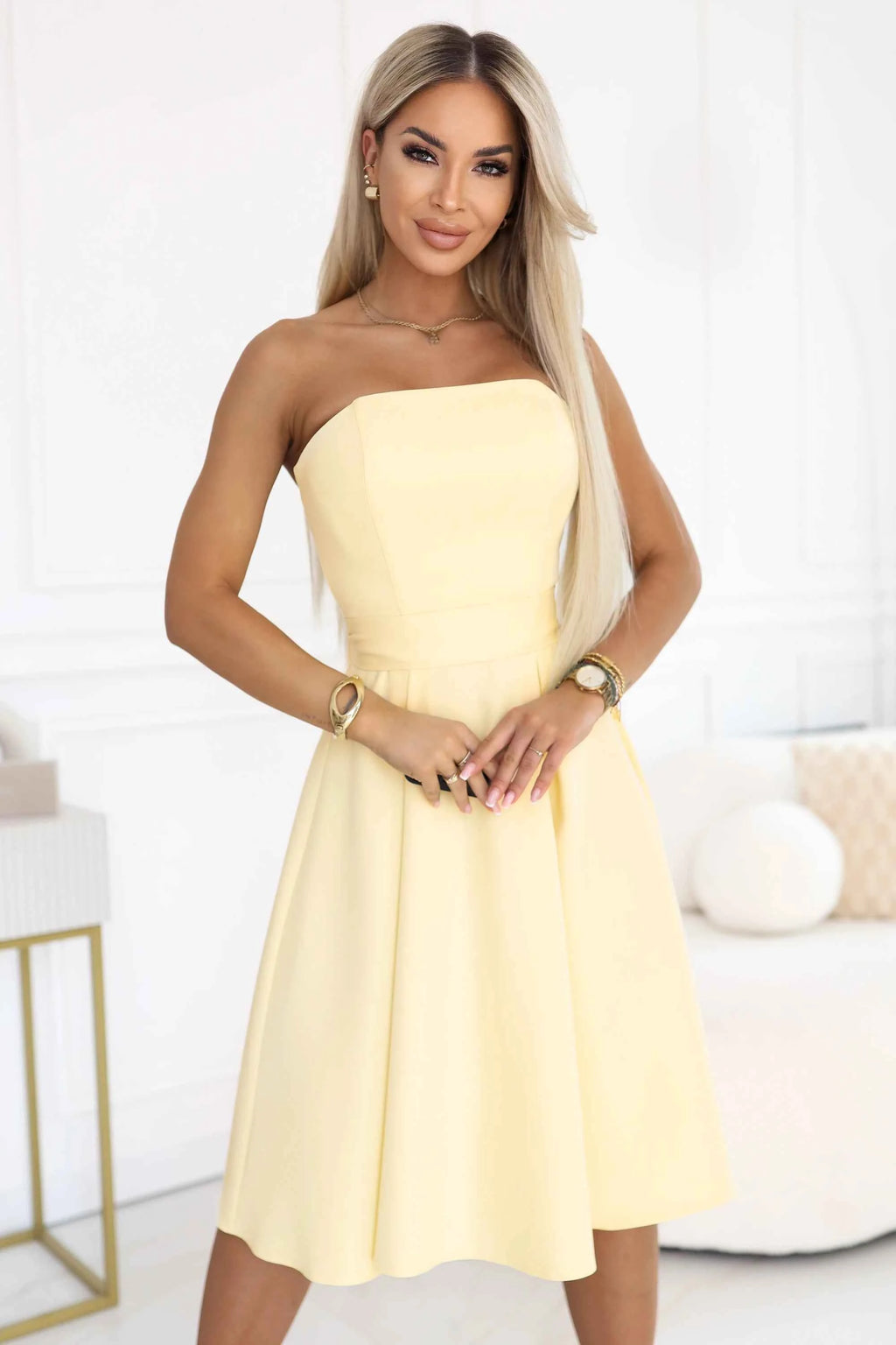 641-3 VIVIENNE Rochie midi în cloș cu corset și curea - galben pastel