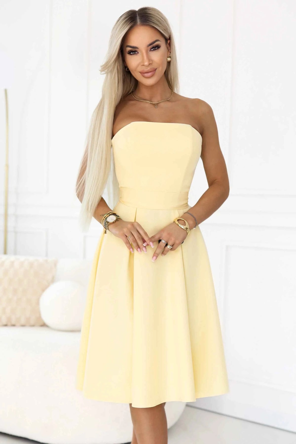 641-3 VIVIENNE Rochie midi în cloș cu corset și curea - galben pastel