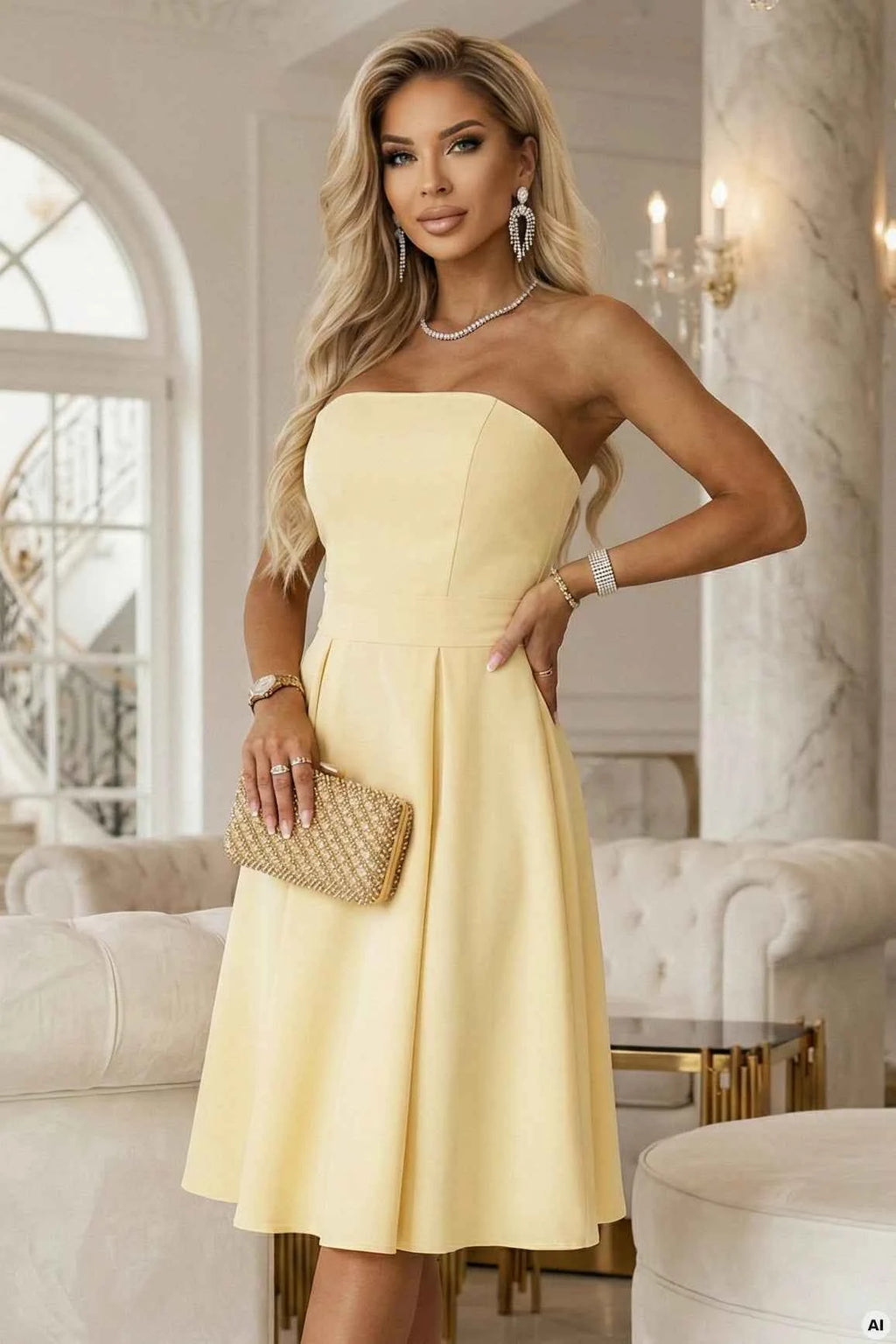 641-3 VIVIENNE Rochie midi în cloș cu corset și curea - galben pastel