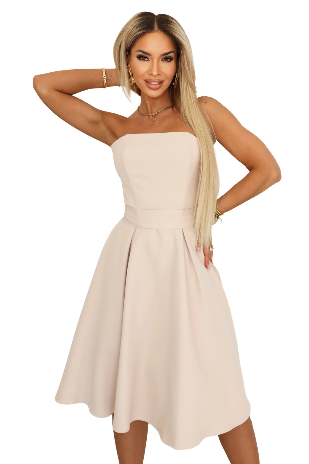 641-4 VIVIENNE Rochie midi în cloș tip corset cu curea - bej deschis