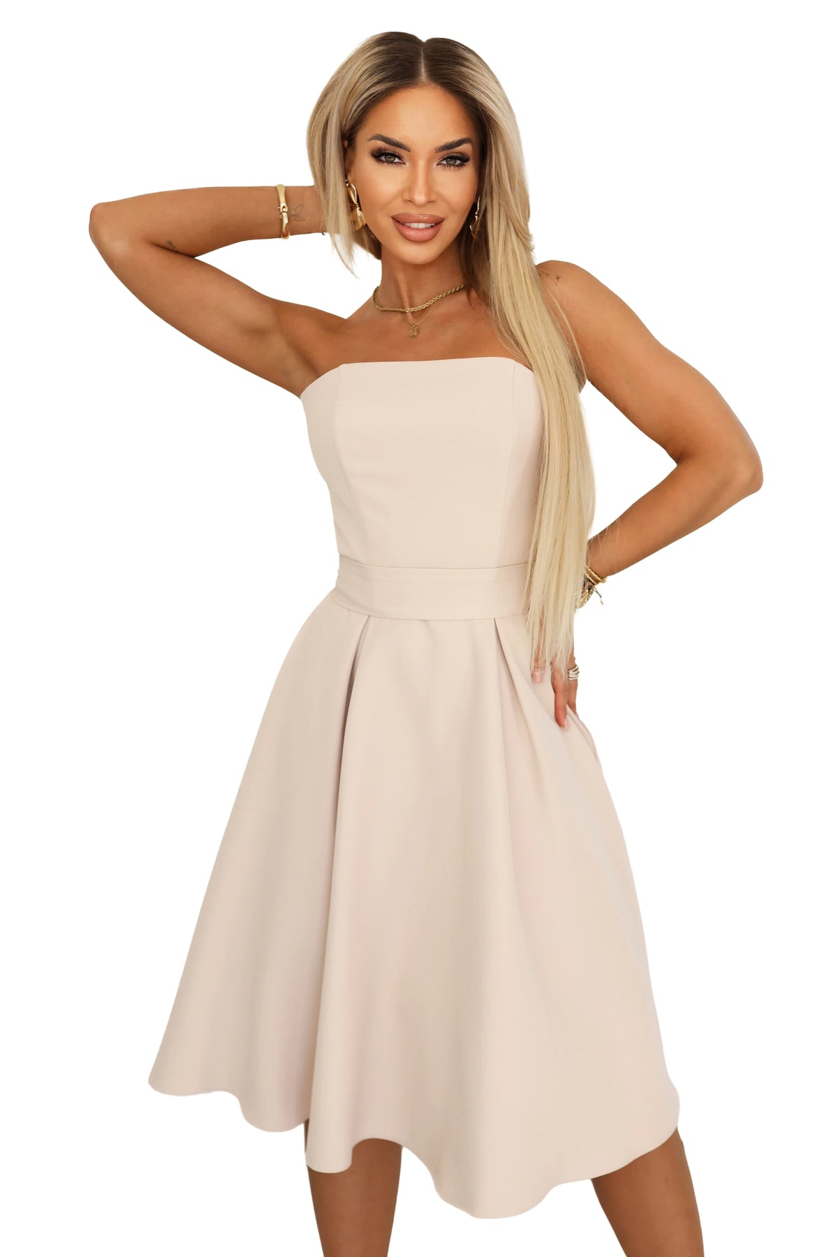 641-4 VIVIENNE Rochie midi în cloș tip corset cu curea - bej deschis