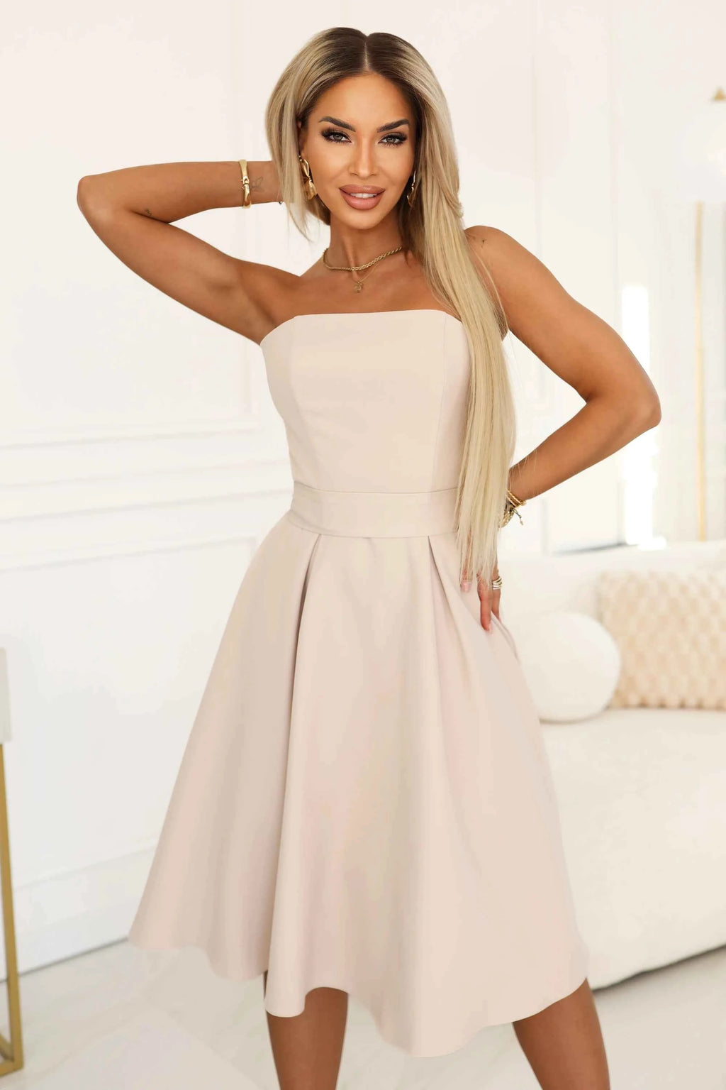 641-4 VIVIENNE Rochie midi în cloș tip corset cu curea - bej deschis