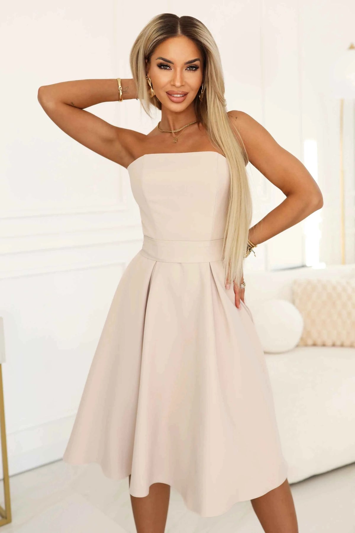 641-4 VIVIENNE Rochie midi în cloș tip corset cu curea - bej deschis