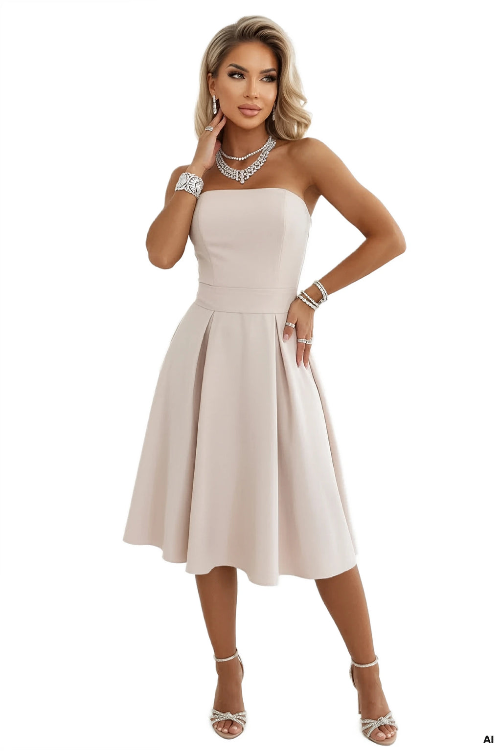 641-4 VIVIENNE Rochie midi în cloș tip corset cu curea - bej deschis