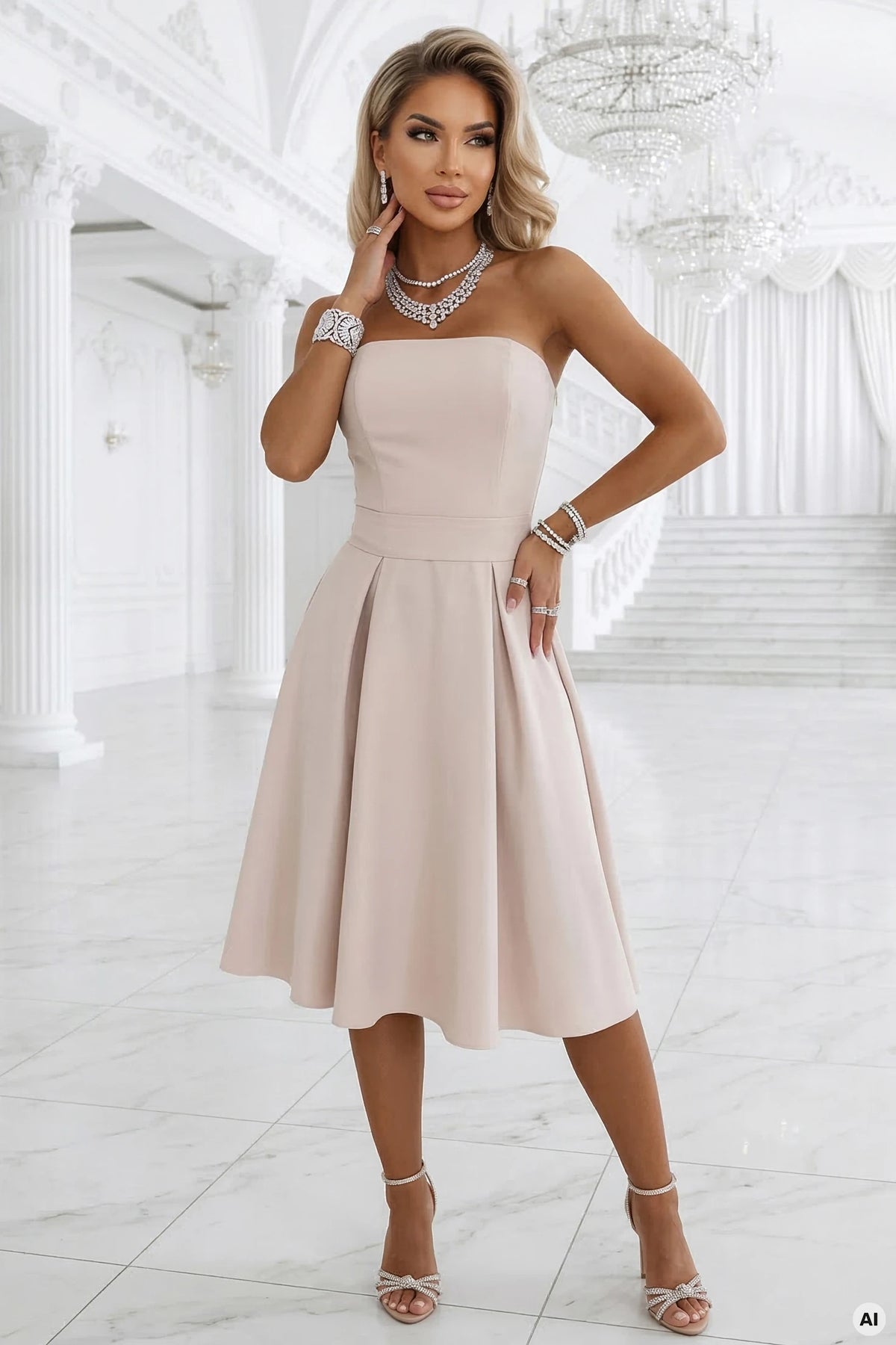 641-4 VIVIENNE Rochie midi în cloș tip corset cu curea - bej deschis
