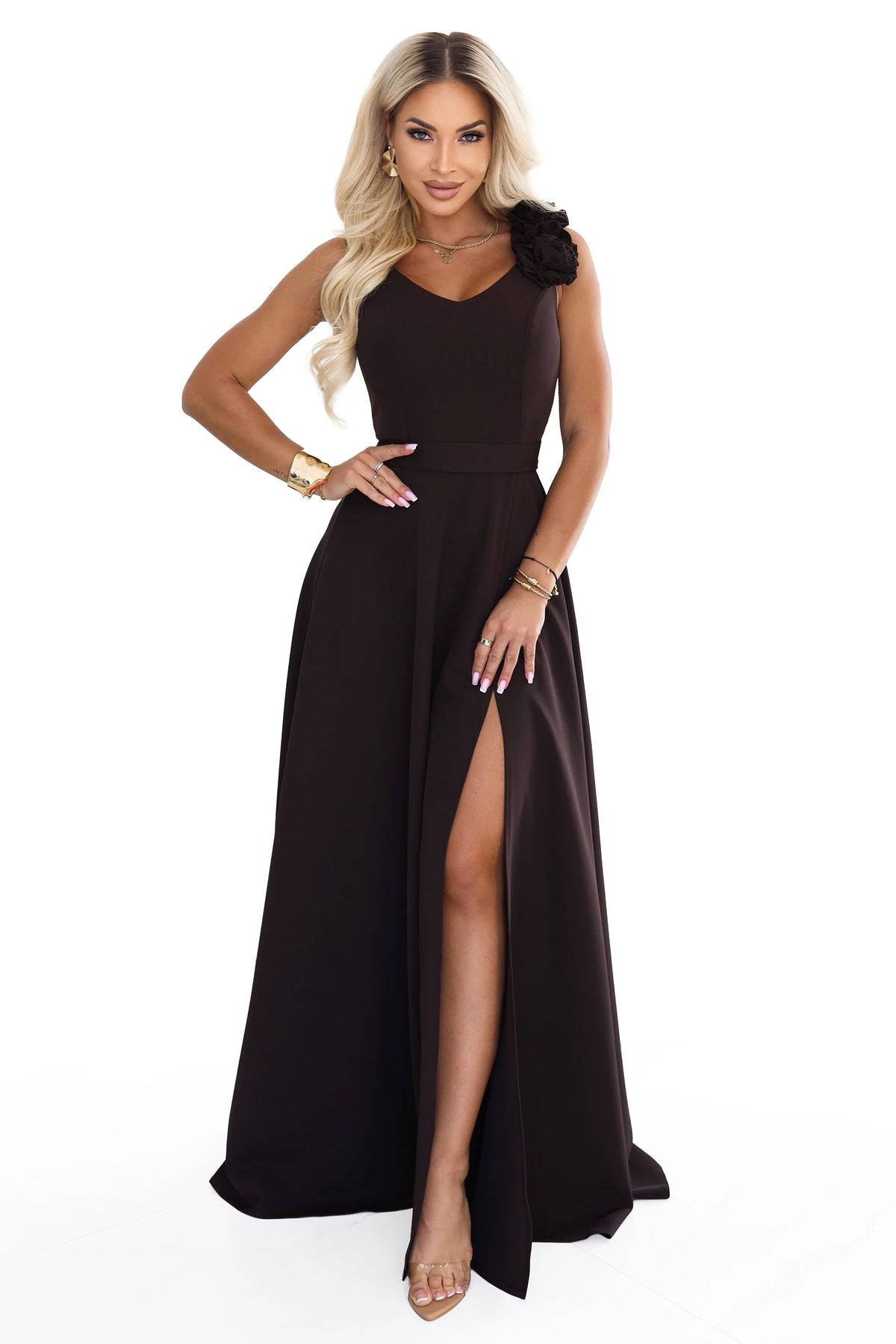 643-10 Rochie de seară maxi elegantă cu șliț și trandafiri - maro ciocolatiu