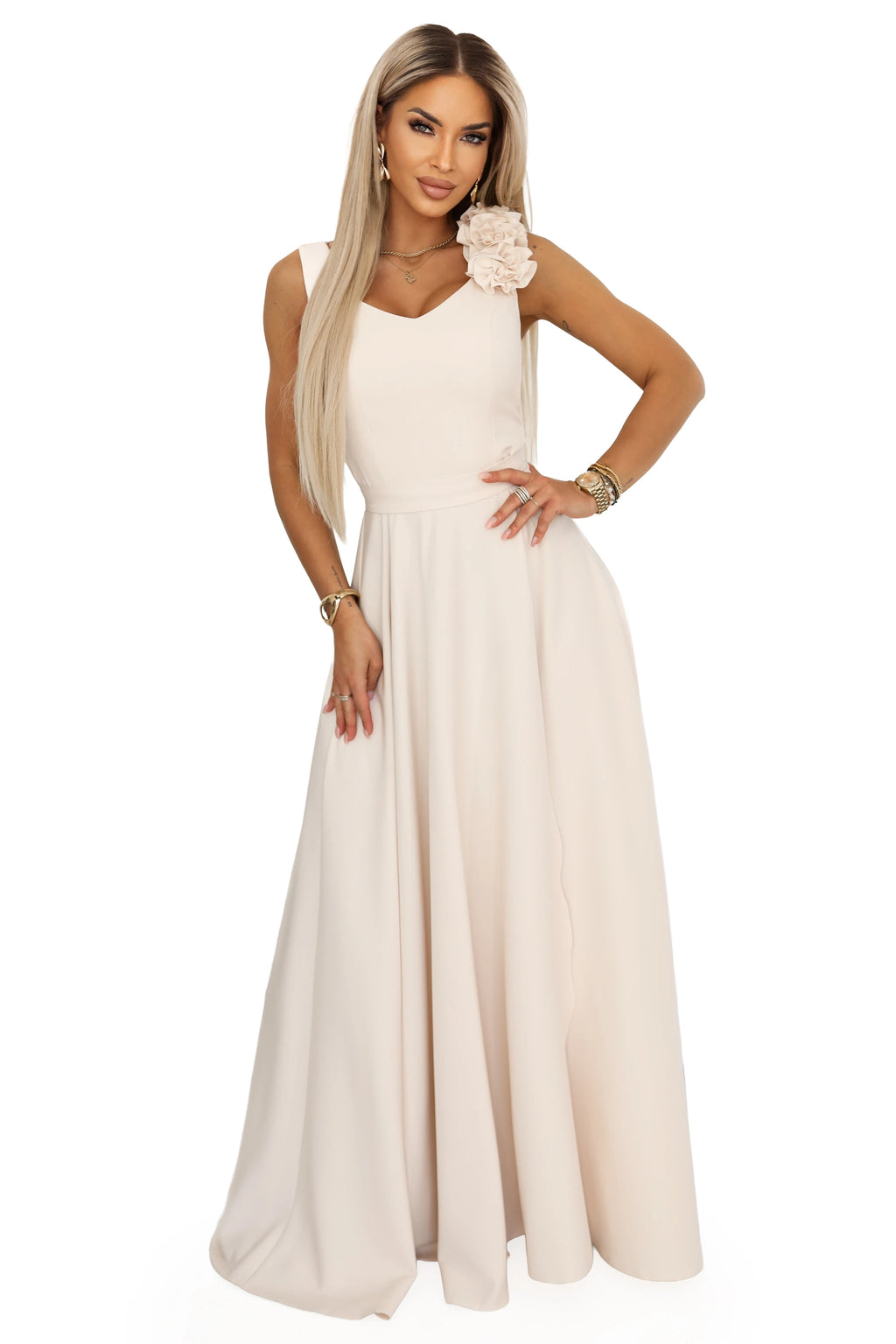 643-3 Rochie maxi elegantă de seară cu șlit și trandafiri - bej