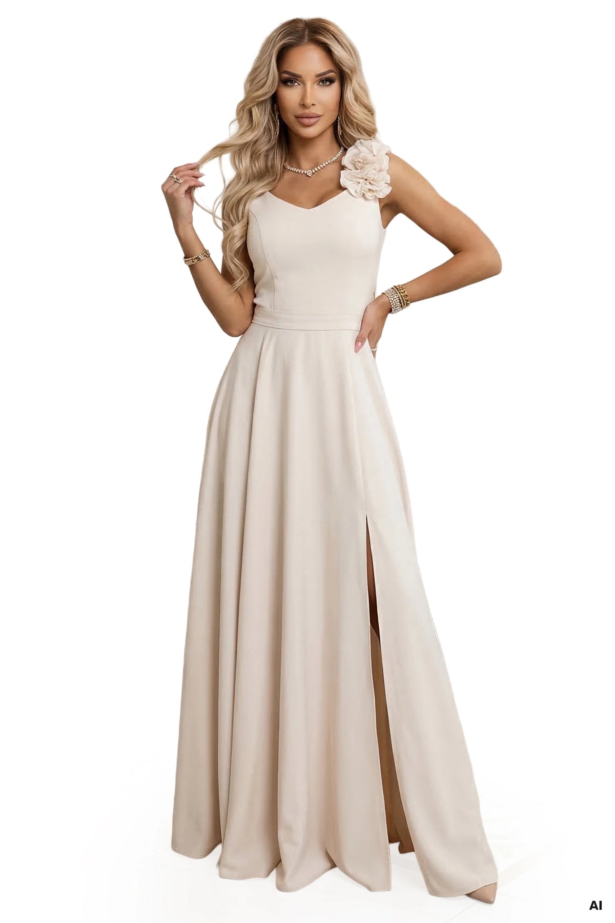 643-3 Rochie maxi elegantă de seară cu șlit și trandafiri - bej