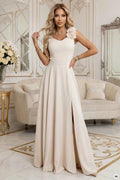 643-3 Rochie maxi elegantă de seară cu șlit și trandafiri - bej