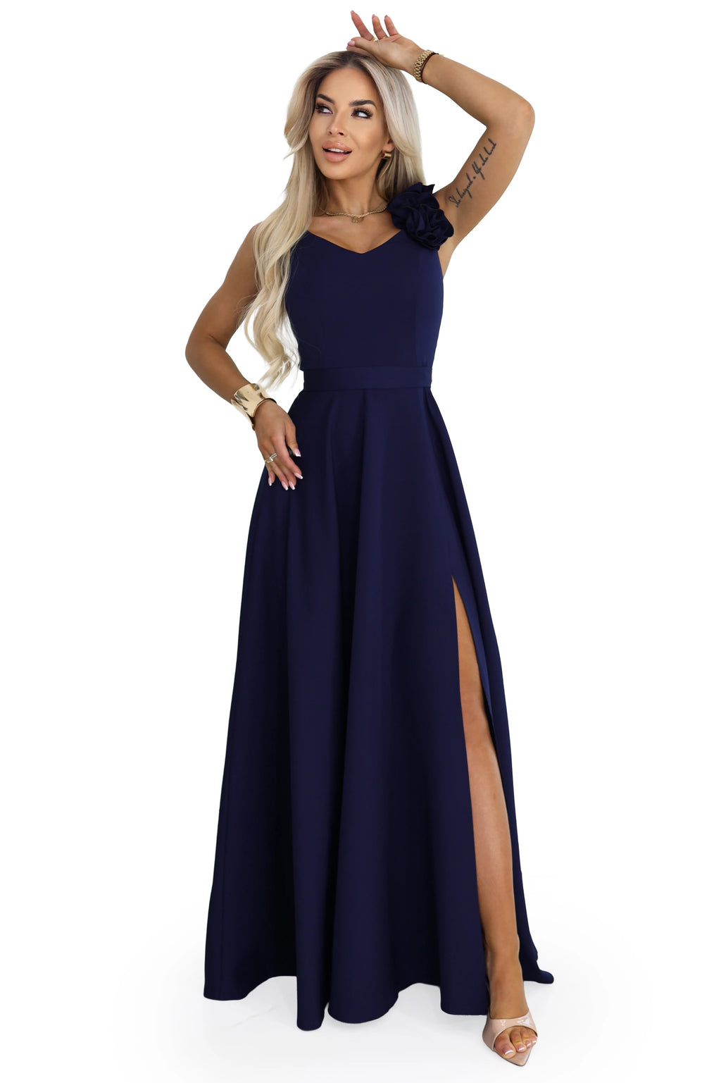643-4 Rochie maxi elegantă de seară cu șlit și trandafiri - bleumarin