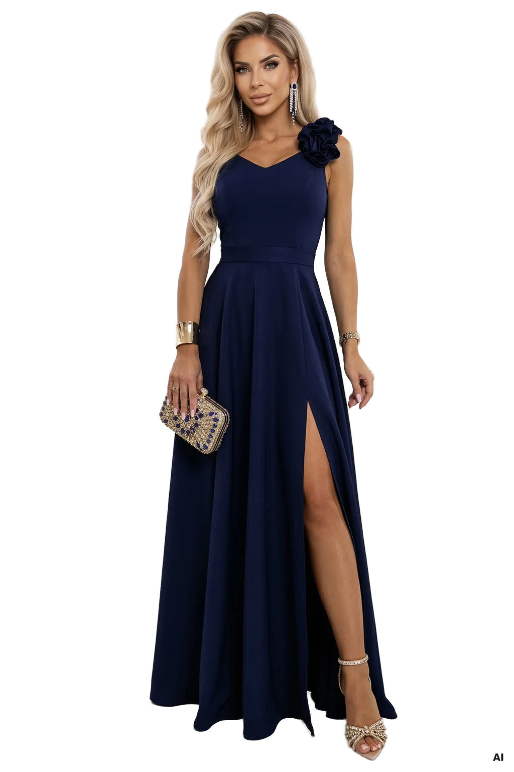 643-4 Rochie maxi elegantă de seară cu șlit și trandafiri - bleumarin