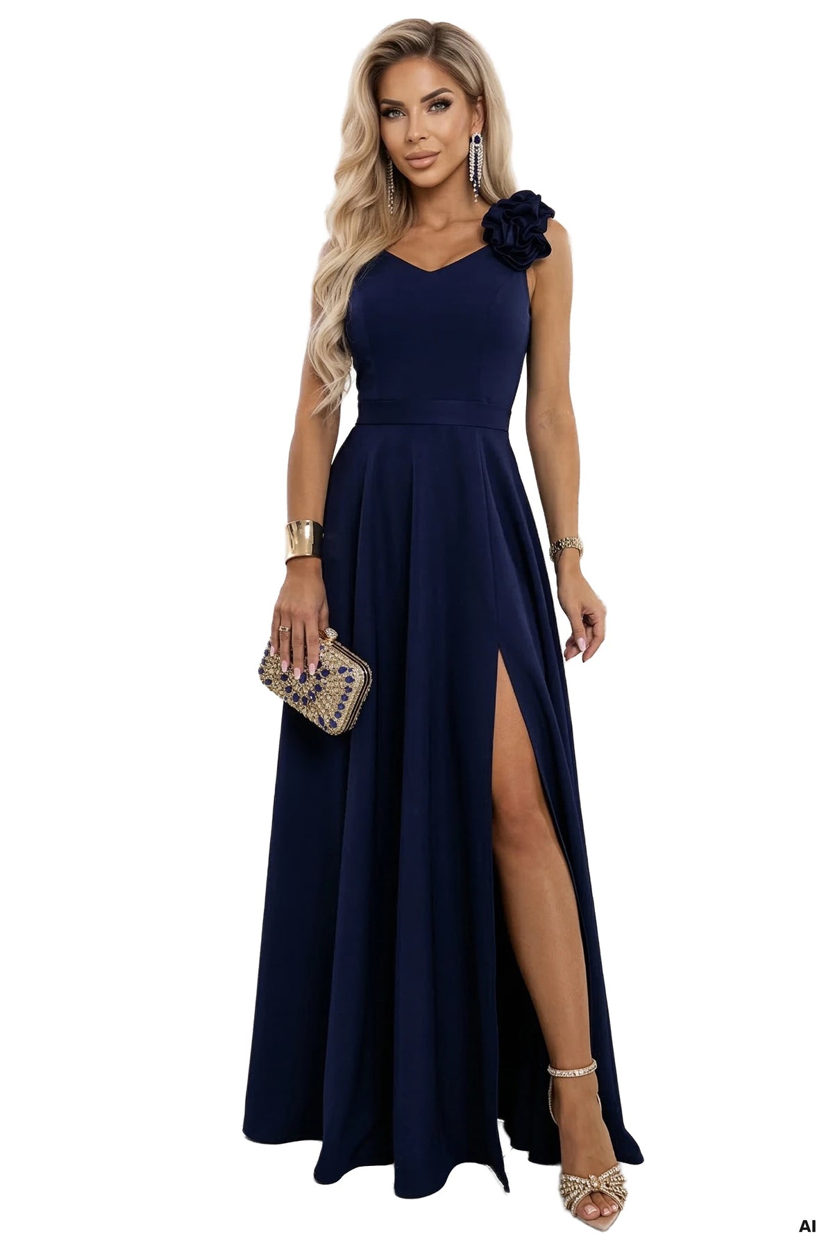643-4 Rochie maxi elegantă de seară cu șlit și trandafiri - bleumarin