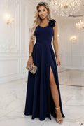643-4 Rochie maxi elegantă de seară cu șlit și trandafiri - bleumarin
