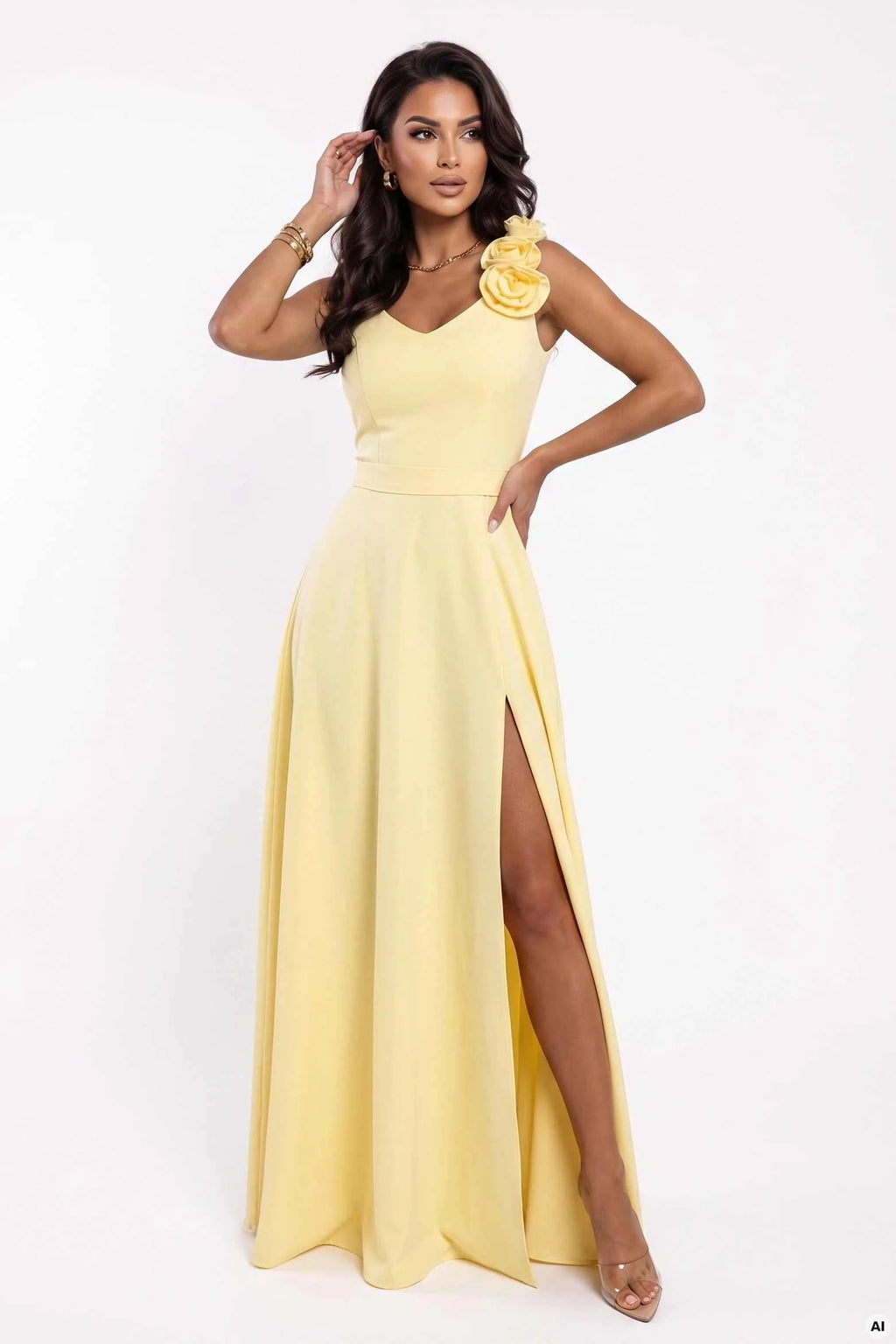 643-5 Rochie maxi de seară elegantă cu crestătură și trandafiri - galben unt