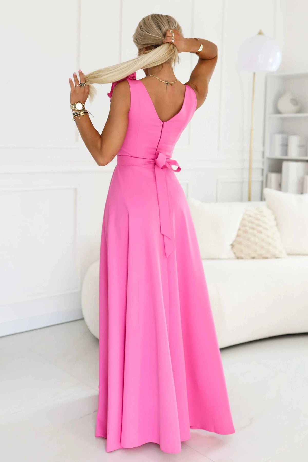 643-6 Rochie maxi de seară elegantă cu crestătură și trandafiri - roz bomboană