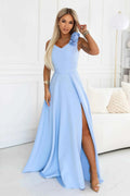 643-7 Rochie maxi de seară elegantă cu crestătură și trandafiri - albastru deschis