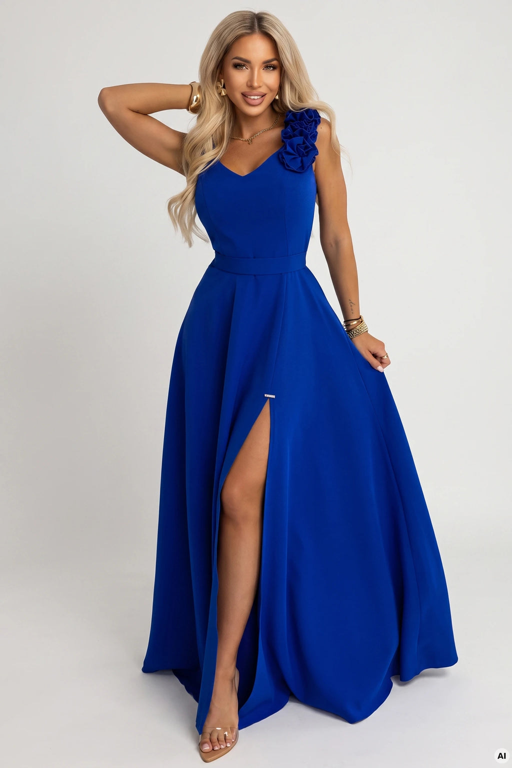 643-8 Rochie maxi de seară elegantă cu crestătură și trandafiri - albastru viorelă