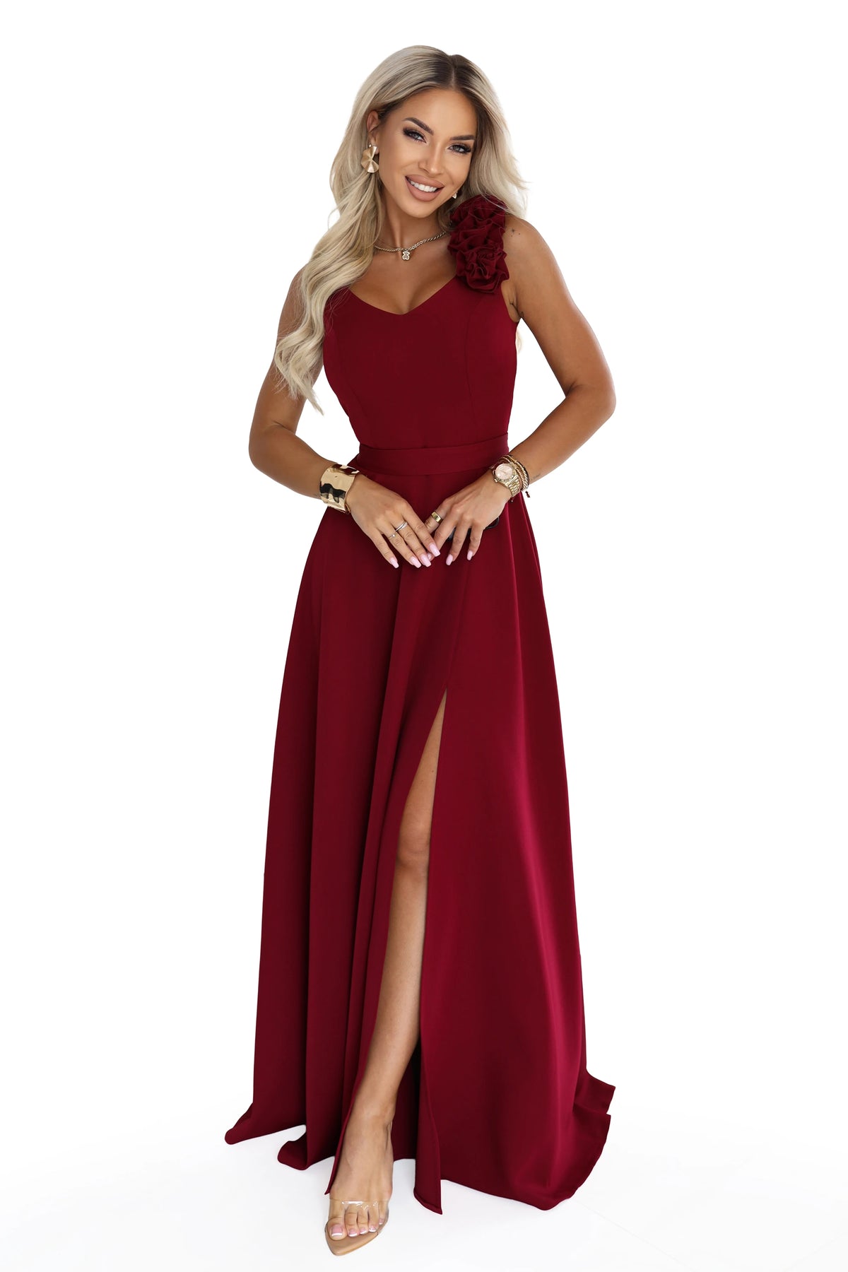 643-9 Rochie de seară maxi elegantă cu șliț și trandafiri - bordo