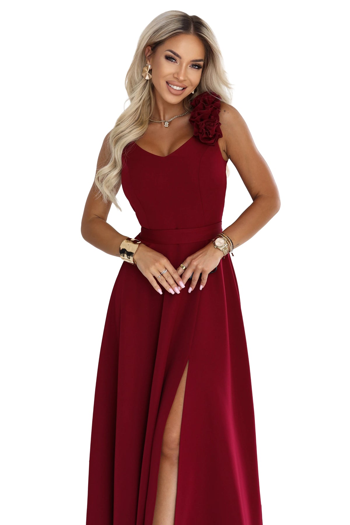 643-9 Rochie de seară maxi elegantă cu șliț și trandafiri - bordo